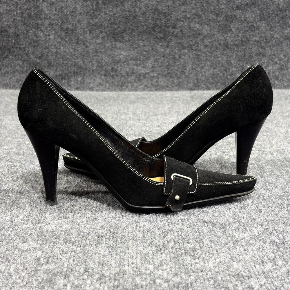Sergio Rossi Pumps Womens 5.5 35.5 Black Suede Contrast Buckle Pointed Toe Heels